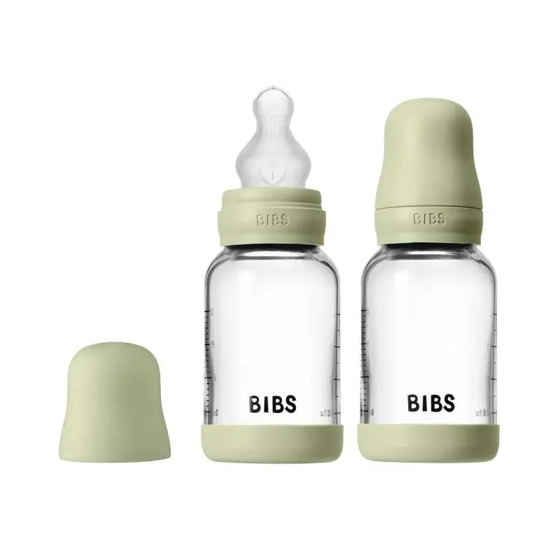 BIBS Bottle - Sutteflaskesæt - Glas - 2-pak - Silikone/Slow Flow/Rund - 120ml - Sage