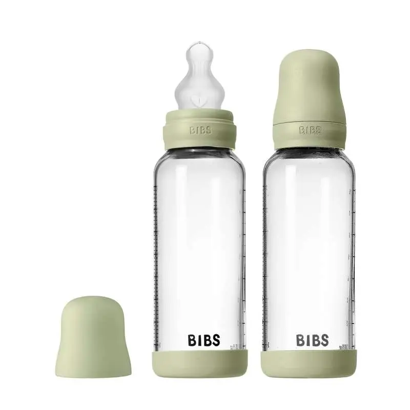 BIBS Bottle - Sutteflaskesæt - Glas - 2-pak - Silikone/Slow Flow/Rund - 240ml - Sage