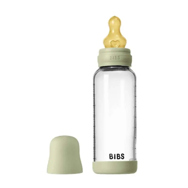BIBS Bottle - Sutteflaskesæt - Glas - Naturgummi/Medium Flow/Rund - 240ml - Sage