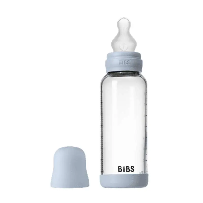 BIBS Bottle - Sutteflaskesæt - Glas - Silikone/Medium Flow/Rund - 240 ml. - Baby Blue