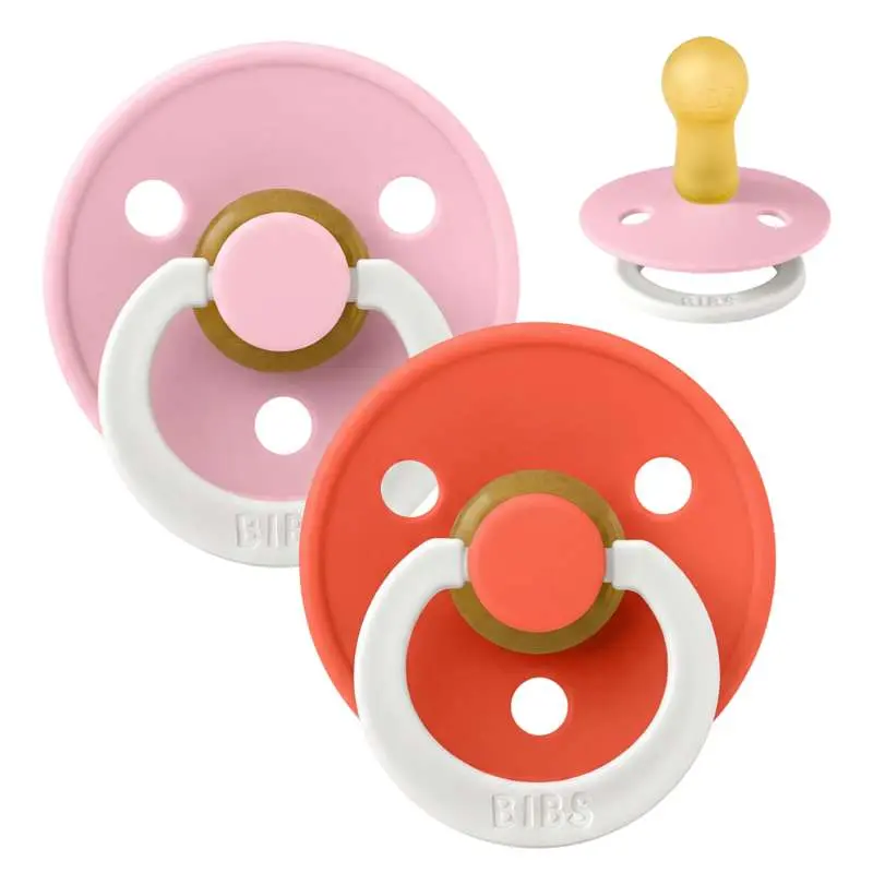 BIBS Rund Colour Sut - 2-Pak - Str. 2 - Naturgummi - GLOW - Baby Pink/Tango