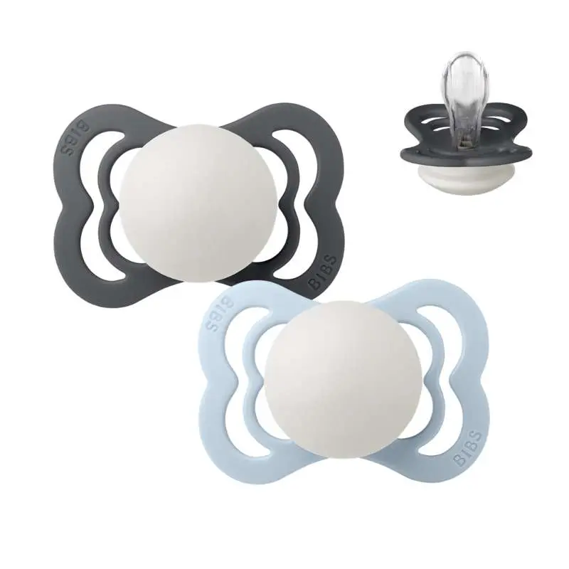 BIBS Symmetrisk Supreme Sut - 2-Pak - Str. 1 - Silikone - GLOW - Iron/Baby Blue