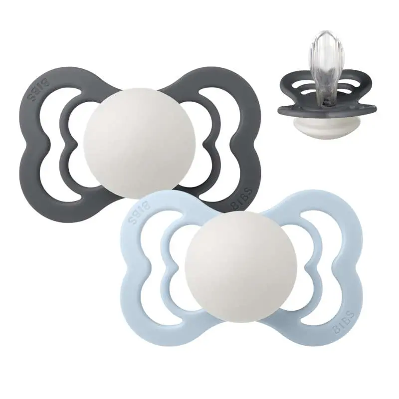 BIBS Symmetrisk Supreme Sut - 2-Pak - Str. 2 - Silikone - GLOW - Iron/Baby Blue