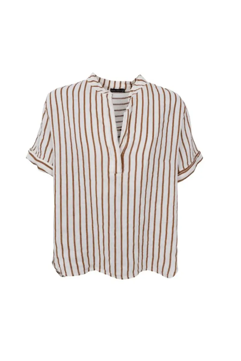 Black Colour - Bcmelina Ss Linen Shirt 41104 - Camel Stripe