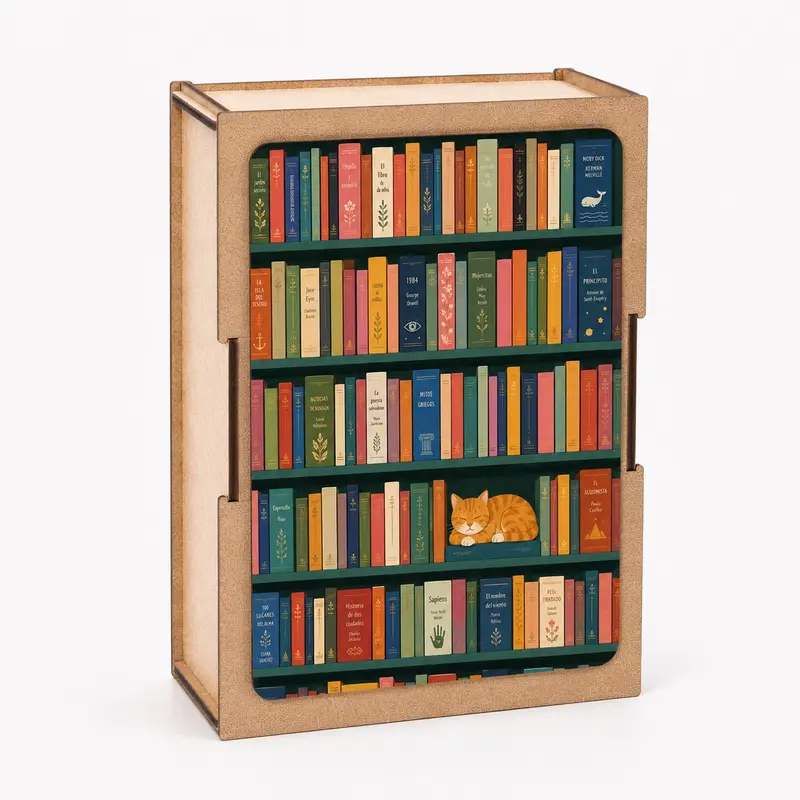 Bookshelf with Sleeping Cat 100 brikker træpuslespil fra Bywood