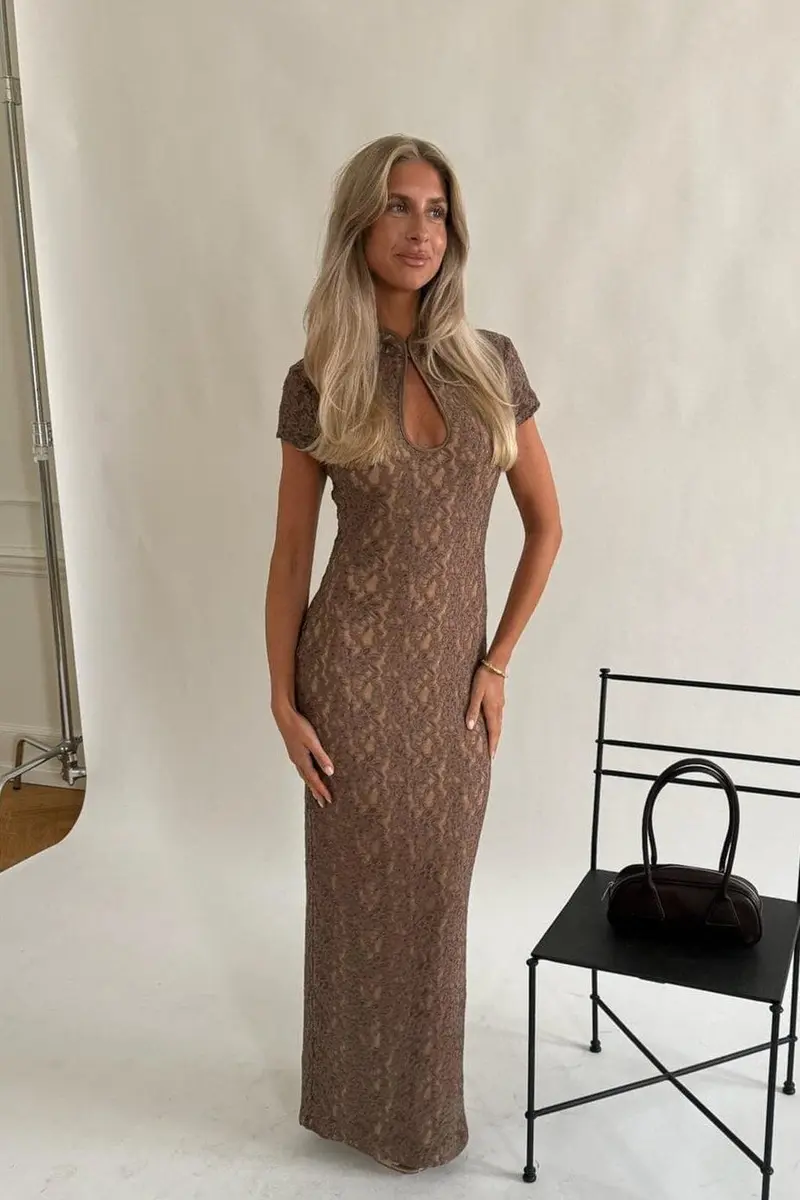 Byic - Cleoic Long Dress A25387 - Dark Brown Lace
