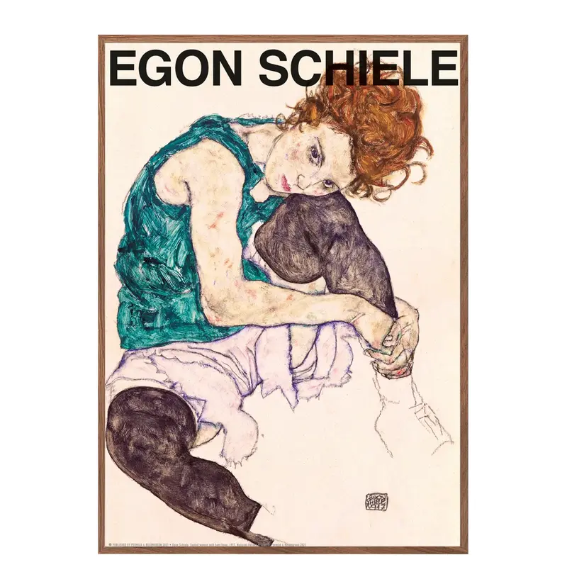 Egon Schiele / Siddende kvinde med bøjet knæ 50 x 70 cm M. ramme (Kun afhentning)