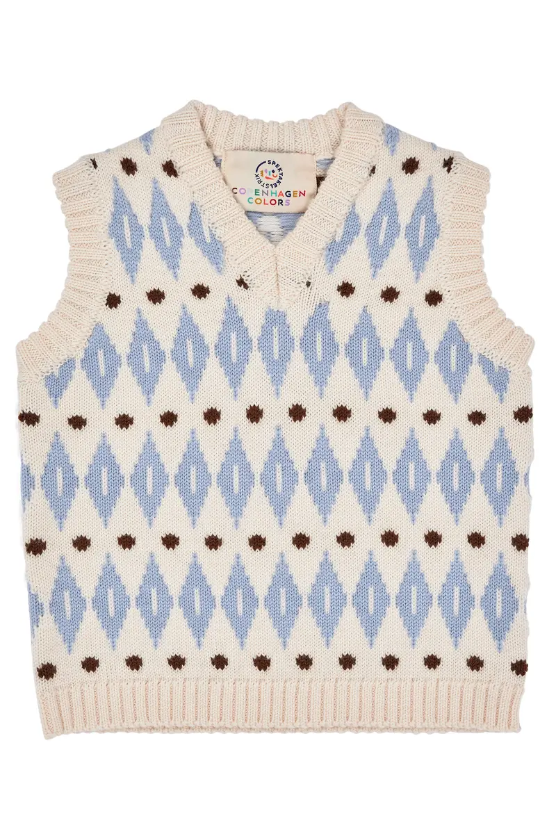Harlequin Merino Classic Vest - Cream Blue Combi