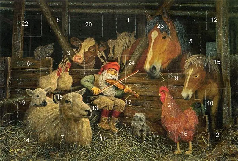 I Krybben Julekalenderkort m/ 24 låger, kuvert og glimmer af Jan Bergerlind