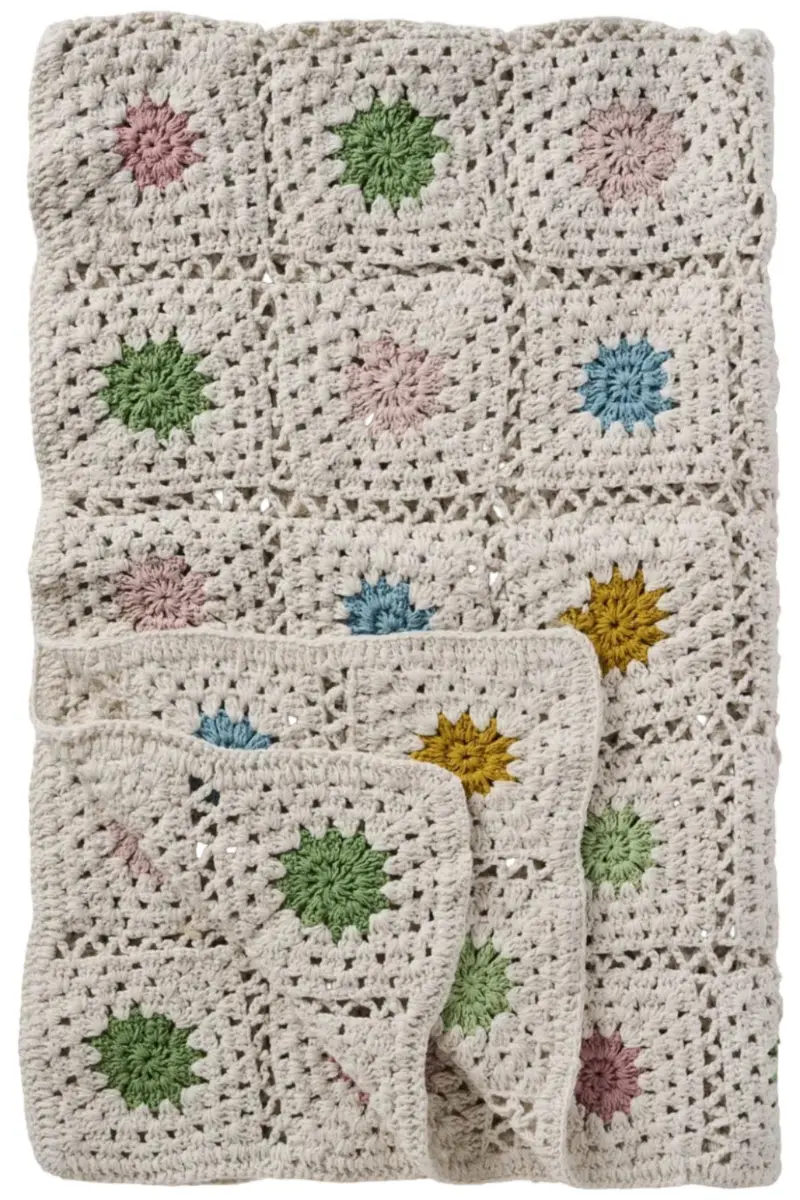 Ib Laursen - Plaid hæklet creme m/multifarvede blomster - 100% bomuld - 6193-01