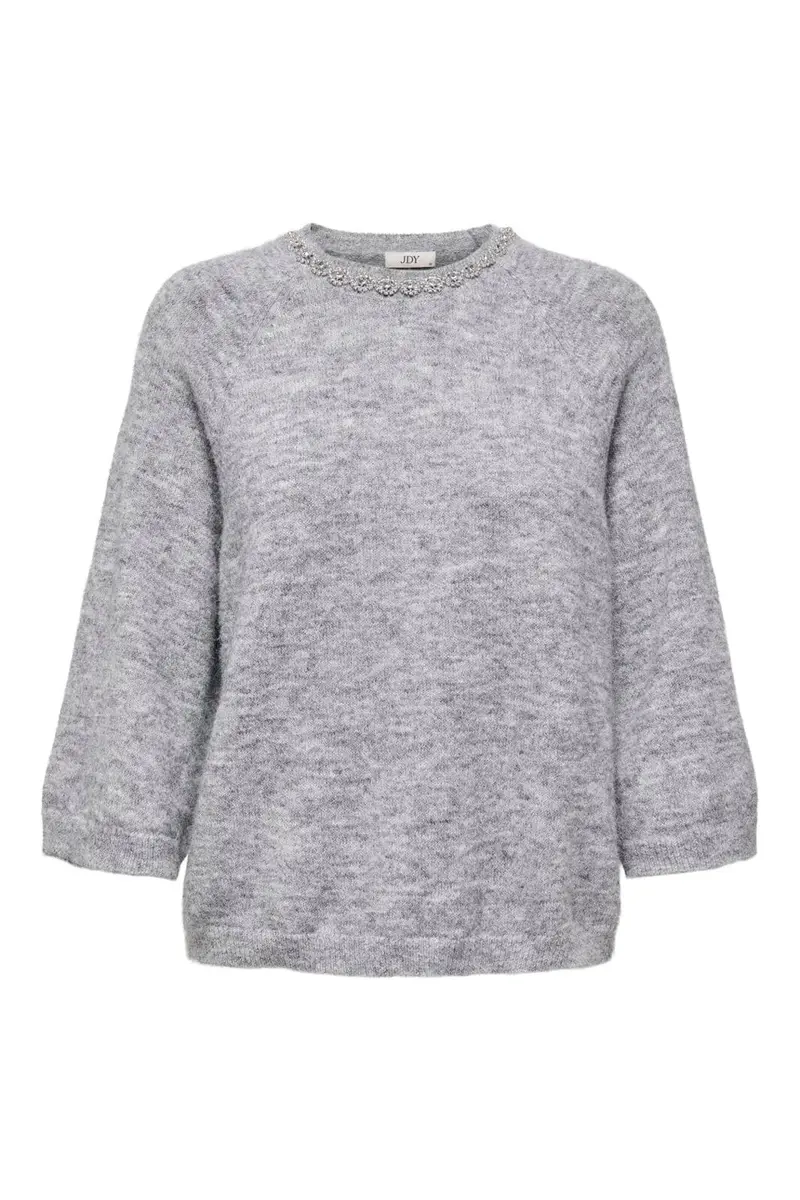 JDY - Jdyalva Life 3/4 Embellish Pull Knt - 4957225 Medium Grey Melange W. Silver Embellishment