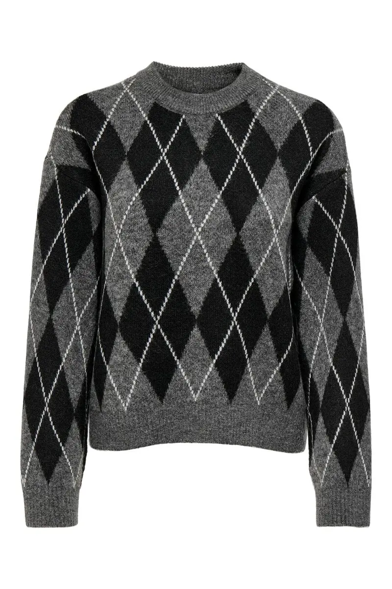 JDY - Jdybianka L/S Argyle Pullover Knt - 5093933 Dark Grey Melange Argyle