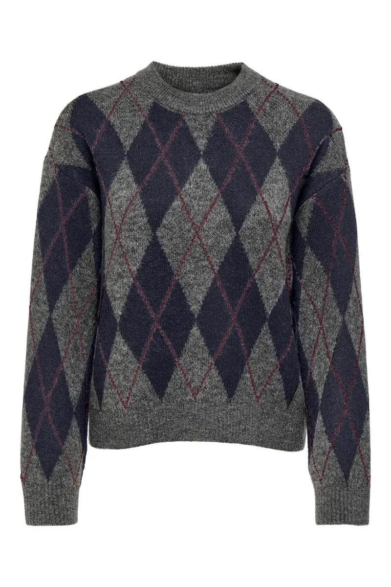 JDY - Jdybianka L/S Argyle Pullover Knt - 5147301 Medium Grey Melange Argyle Night Sky/ Winetasting