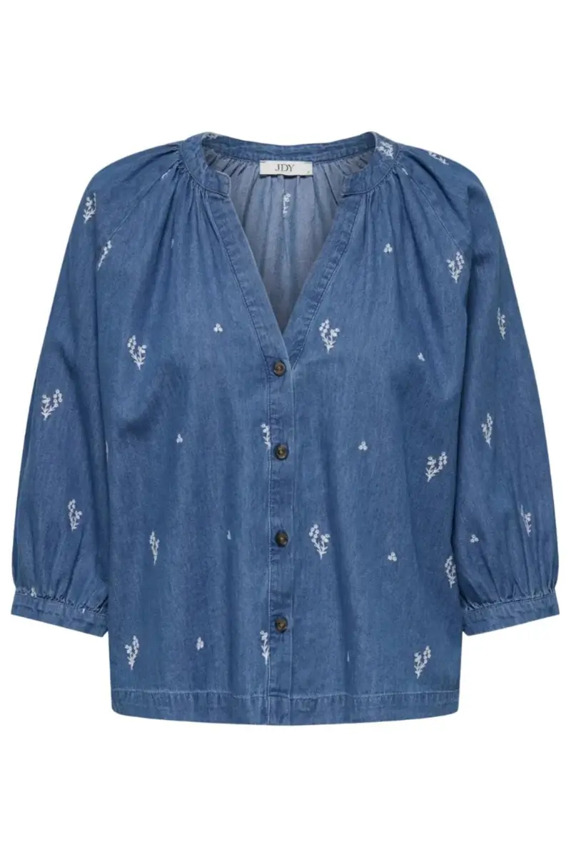 JDY - Jdykai 3/4 Shirt Dia - 5049505 Light Blue Denim Cloud Dancer Emb