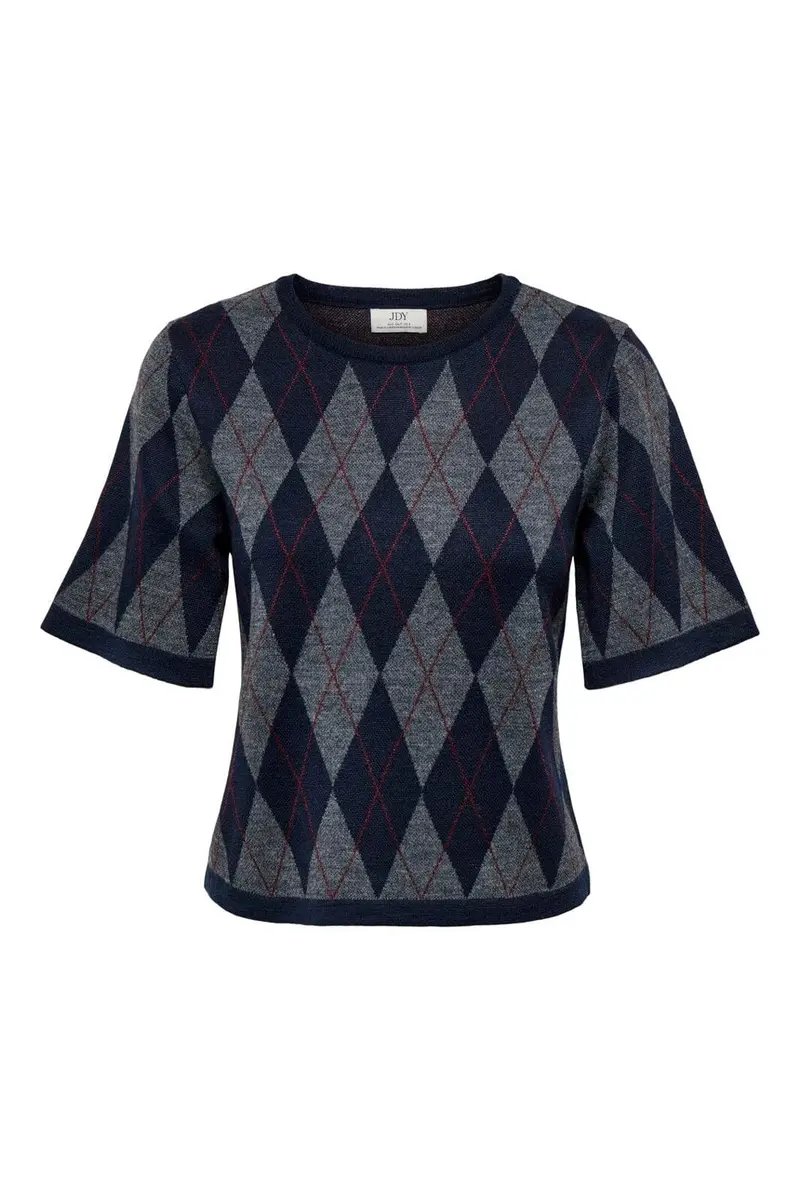 Jdy - Jdymaggy S/S Argyle Pullover Knt - 5228787 Smoked Pearl Black Iris & Tibetan Red