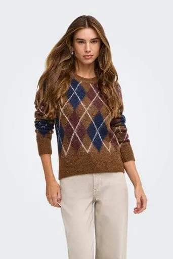 JDY - Jdyreese L/S O-Neck Argyle Pullover Knt - 5174124 Bison W. Rum Raisin/ Black Iris/ Oatmeal Argyle