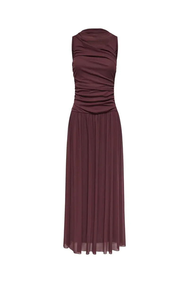 JDY - Jdyuso S/L Rouching Long Dress - 5110785 Rum Raisin