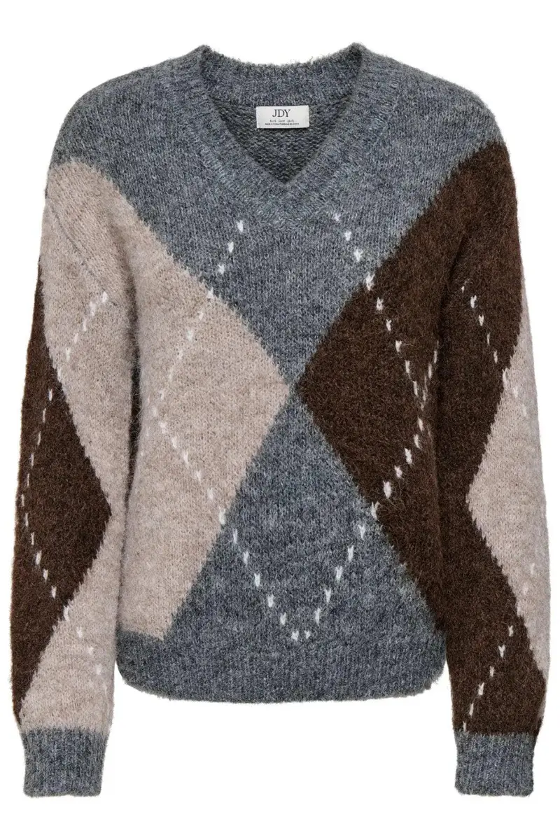 JDY - Jdyzoey L/S V-Neck Argyle Pullover Knt - 5122982 Medium Grey Melange Chateau Gray/Chocolate Brown Argyle