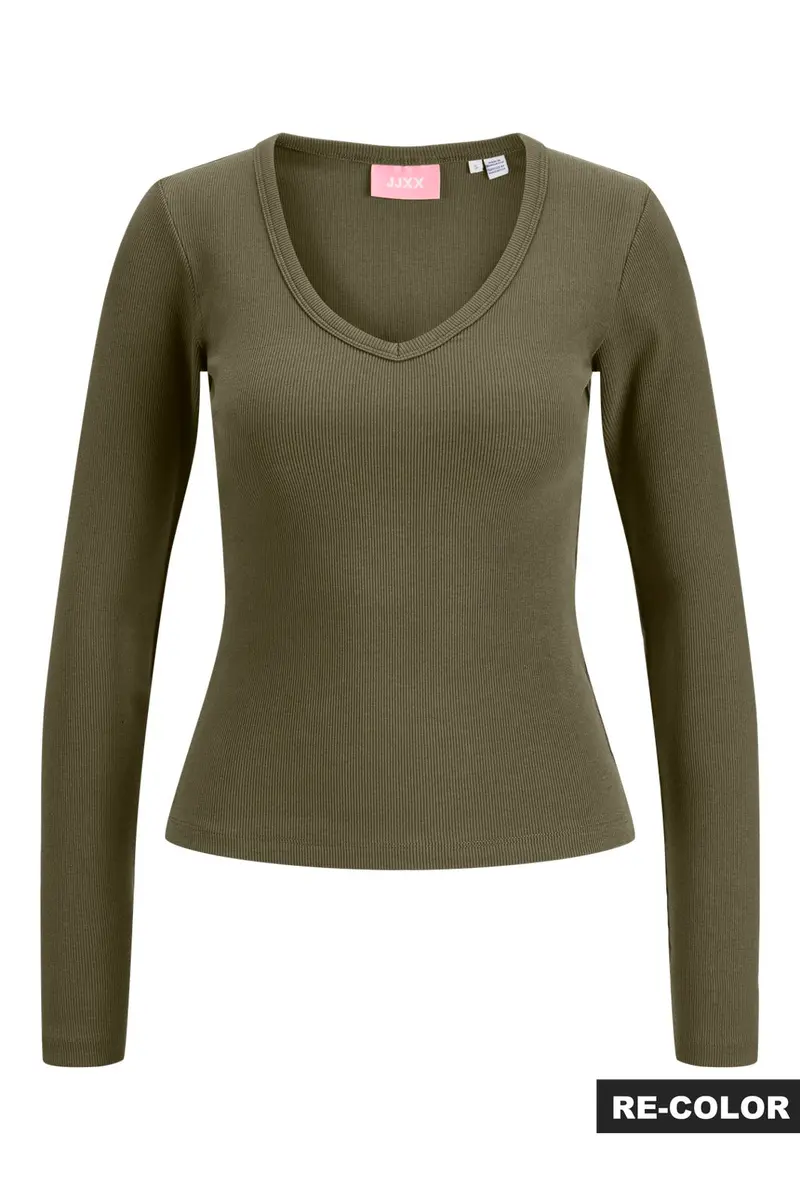 Jjxx - Jxfreya Str Ls V-Neck Top - 5244785 Burnt Olive