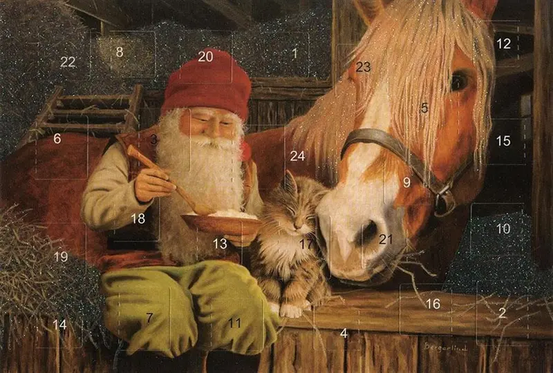 Julekat og hest Julekalenderkort m/ 24 låger, kuvert og glimmer af Jan Bergerlind