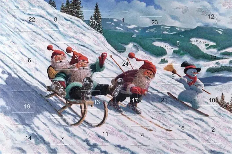 Kælketur Julekalenderkort m/ 24 låger, kuvert og glimmer af Jan Bergerlind
