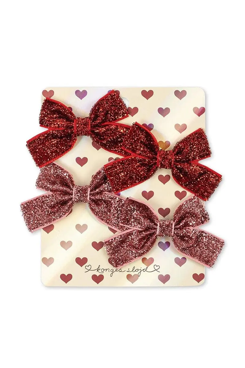 Konges Sløjd - 4 Pack Micki Bow Hair Clips Ks106357 - Red Glitter/ Rose Glitter