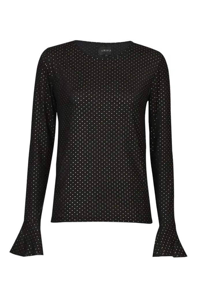 Liberte - Mesh Ls Frill Sleeve Top 22500 - Black Gold Foil Dot