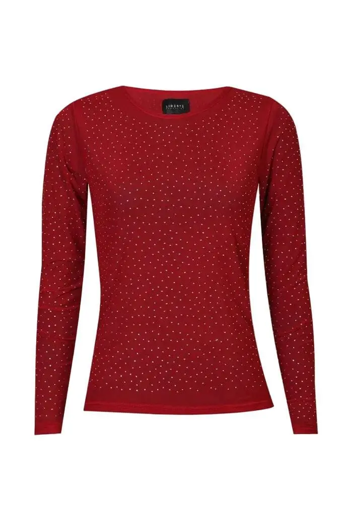 Liberte - Mesh Ls Sparkle Tshirt 22134 - Dark Red Diamond Dot