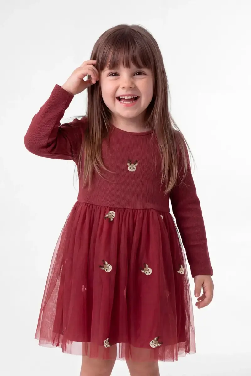 Name It - Nmfveross Ls Tulle Dress - 5127587 Red Dahlia Reindeer