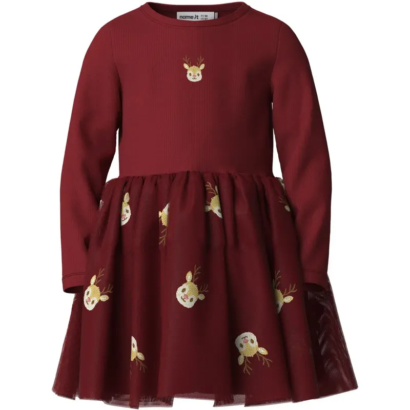 Name It Red Dahlia Reindeer Nmfveross Ls Tyl Kjole "jul"
