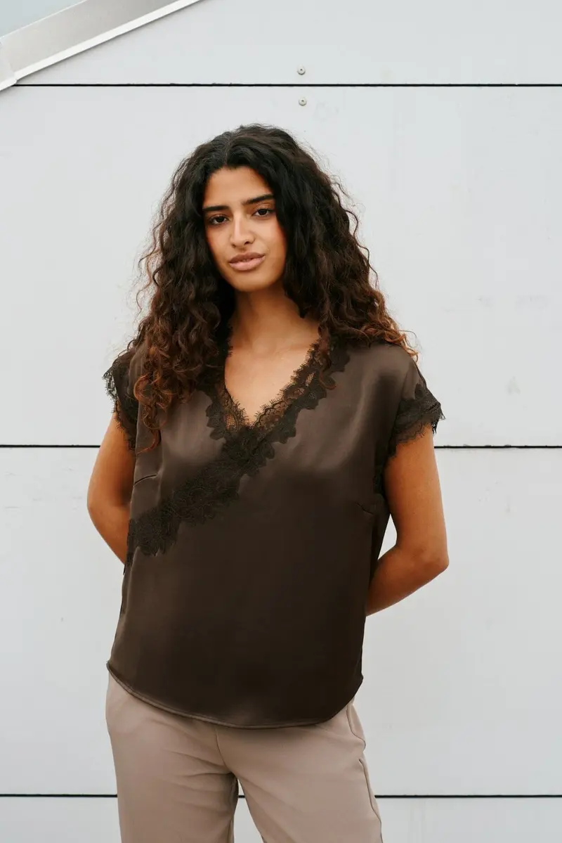 Neo Noir - Benera Heavy Sateen Lace Blouse 170061 - 676 - Dark Brown