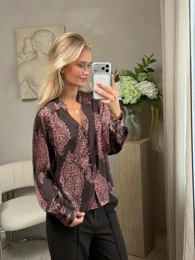 Neo Noir - Massima Paisley Drop Blouse 170432 - 486 - Dark Brown/Evening Rose