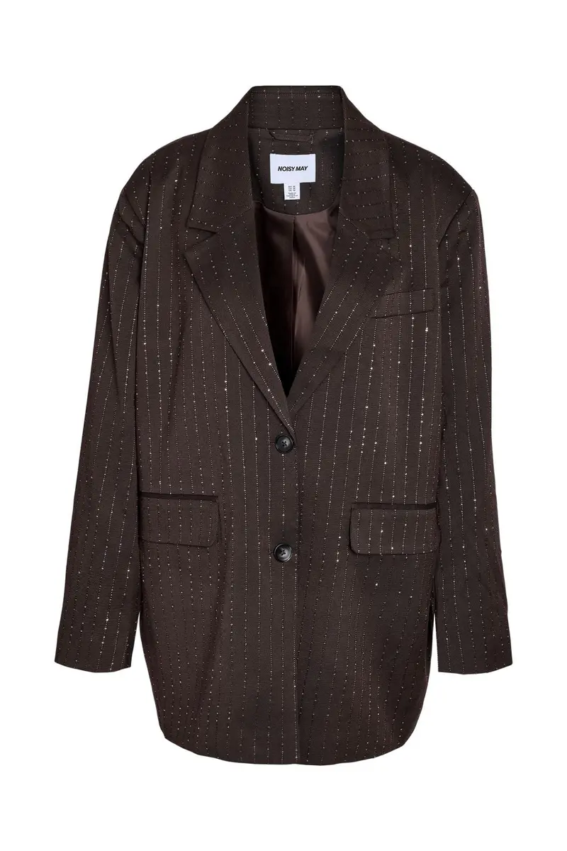 Noisy May - Nmcelia L/S Rhinestone Oversize Blazer - 5143183 Chocolate Brown Sequin Pinstripes
