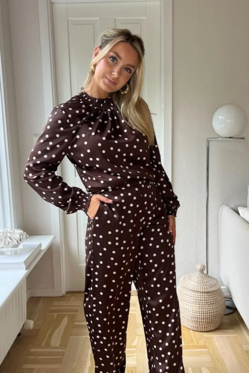 Noisy May x Molly&My - Nmbambi L/S Satin Highneck Top - 5070527 Chocolate Brown White Polka Dots