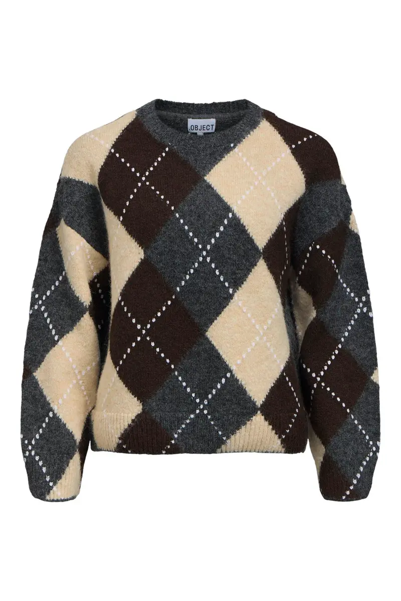 Object - Objbrenda Ls Lo O-Neck Pullover - 5159070 Medium Grey Melange Seal Brown + Sandshell