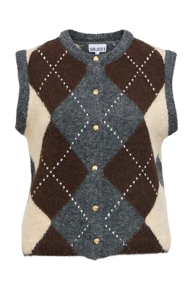 Object - Objbrenda Re Knit Vest Cardigan - 5159066 Medium Grey Melange Seal Brown + Sandshell