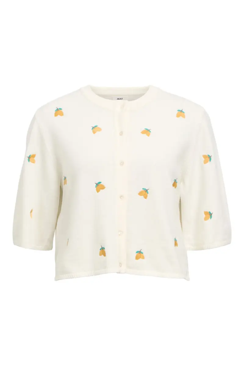 Object - Objthess 3/4 Sleeve Cardigan - 4782493 Cloud Dancer Lemon Embroidery