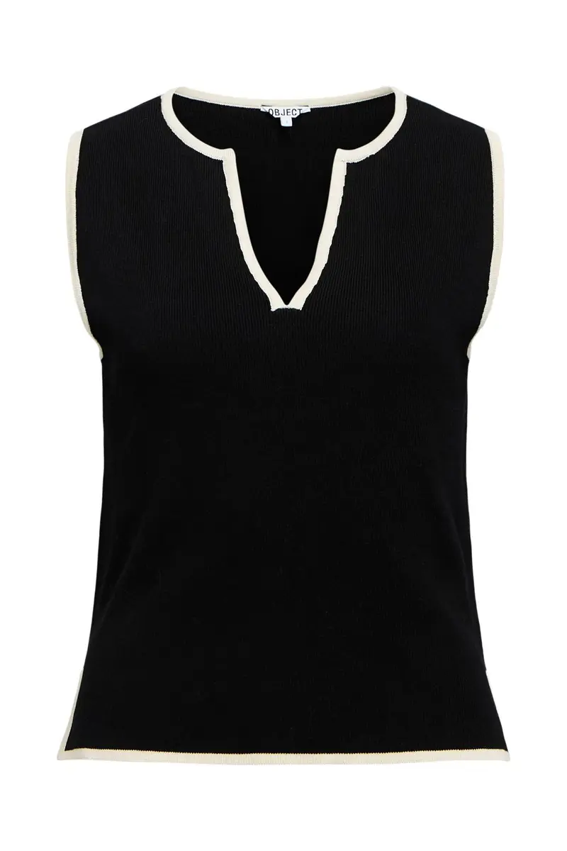 Object - Objviva S/L Re V-Neck Knit Top - 4911665 Black Birch Constrast