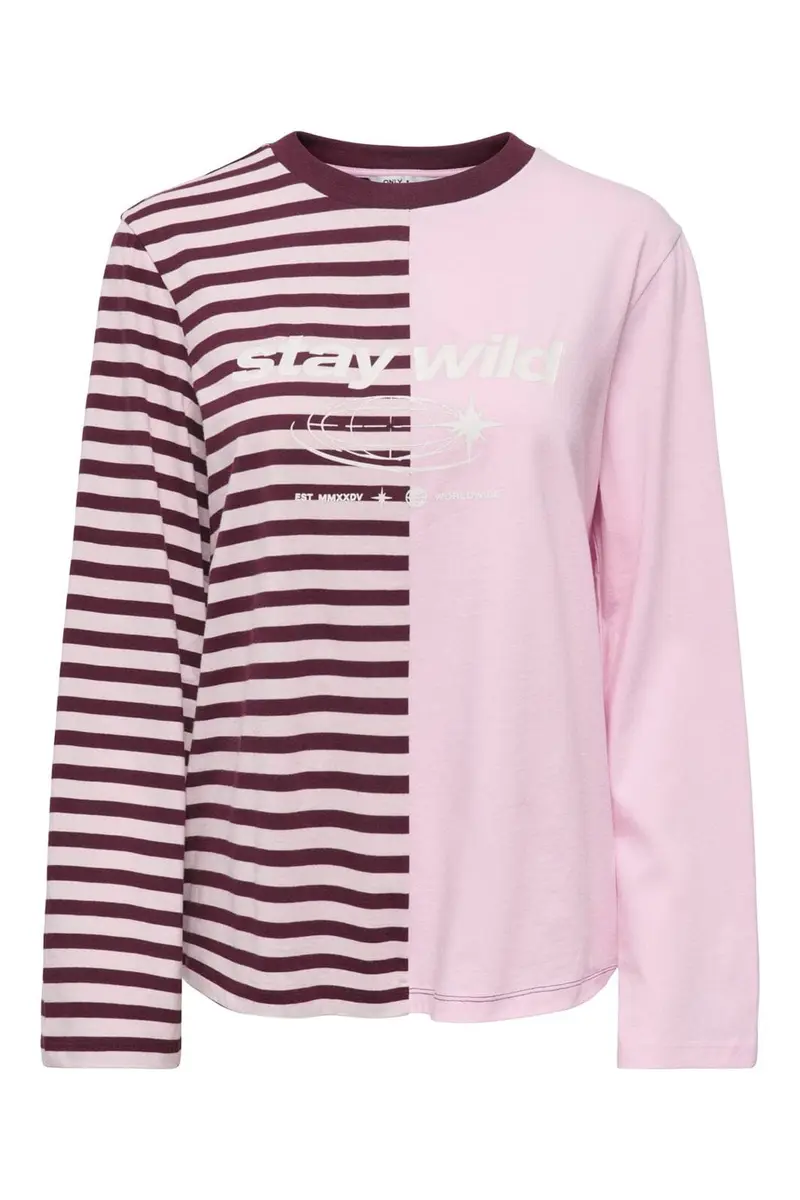 Only - Onlava L/S Half Striped T-Shirt - 5273743 Chalk Pink Windsor Wine Stripes/ Cd Text