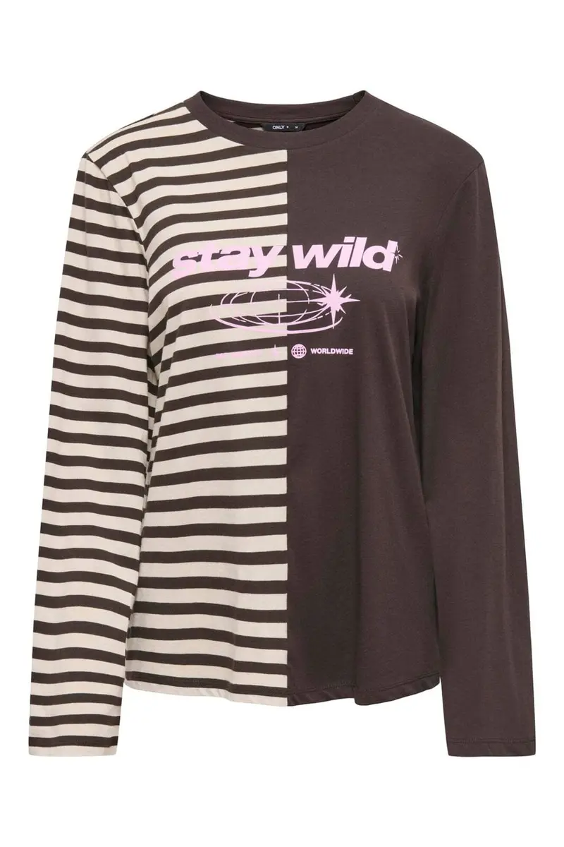 Only - Onlava L/S Half Striped T-Shirt - 5274132 Black Coffee Birch Stripes/ Light Pink Text