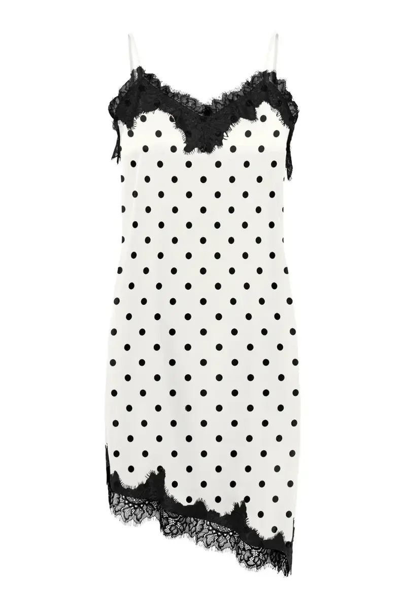 Only - Onlbella Strap Satin Lace Dress - 5126141 Cloud Dancer Black Dot And Black Lace