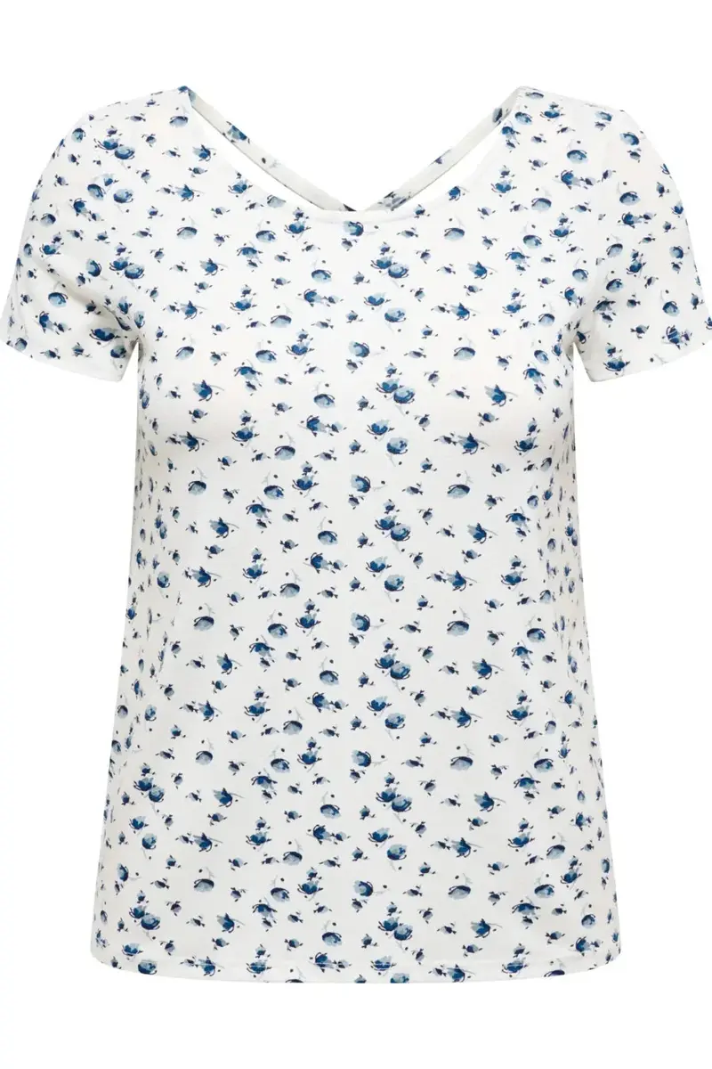 Only - Onlbera Back Lace Up S/S Top - 4967491 Cloud Dancer Tania Blue Flower