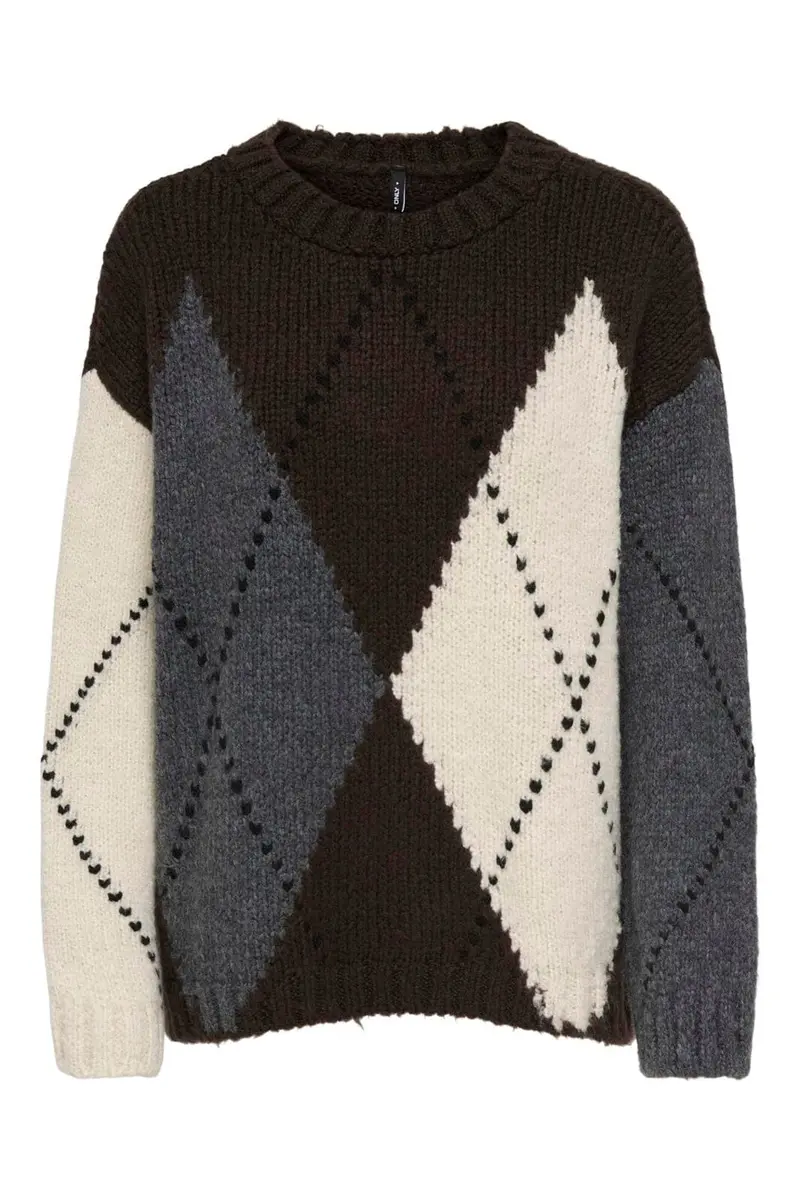 Only - Onlcozy Ls Argyle O-Neck Knt - 5103097 Coffee Bean Argyle/Birch/Dgm/Black