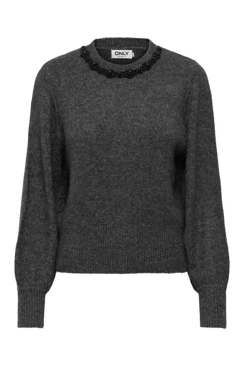 Only - Onlelsa L/S Pullover Knt - 4799904 Medium Grey Melange W. Black Pearls
