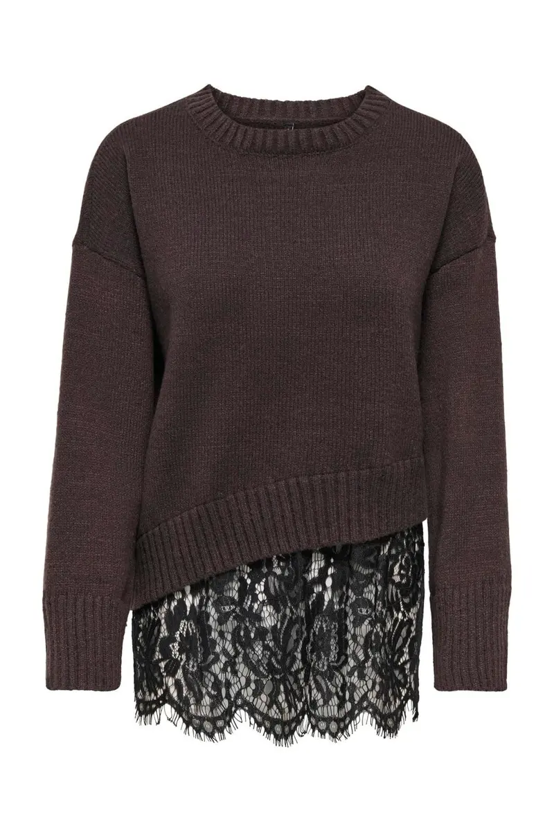 Only - Onlevie Ls Lace Mix O-Neck Knt - 5128826 Coffee Bean Black Lace