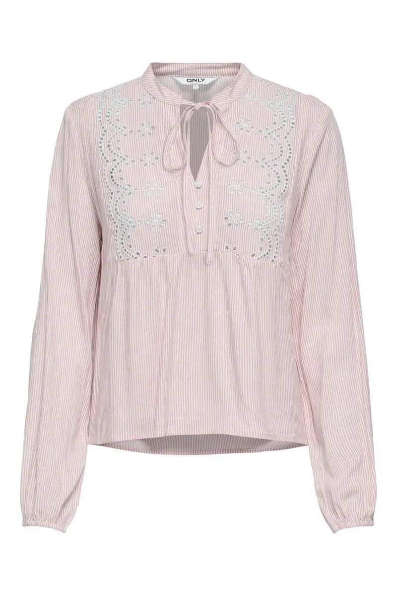 Only - Onllennyo Ls Embroid V-Neck Top - 5014009 Romance Rose Bright White