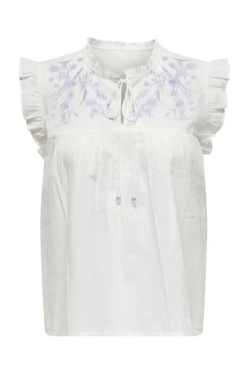 Only - Onllessy S/L Emb Top - 4678688 Cloud Dancer Cashmere Blue Embroidery