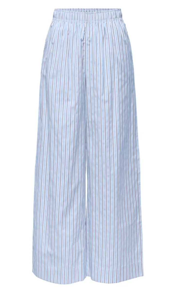 Only - Onlloris Striped Wide Pull Up Pants - 5086621 Chambray Blue W. Bright White + Black