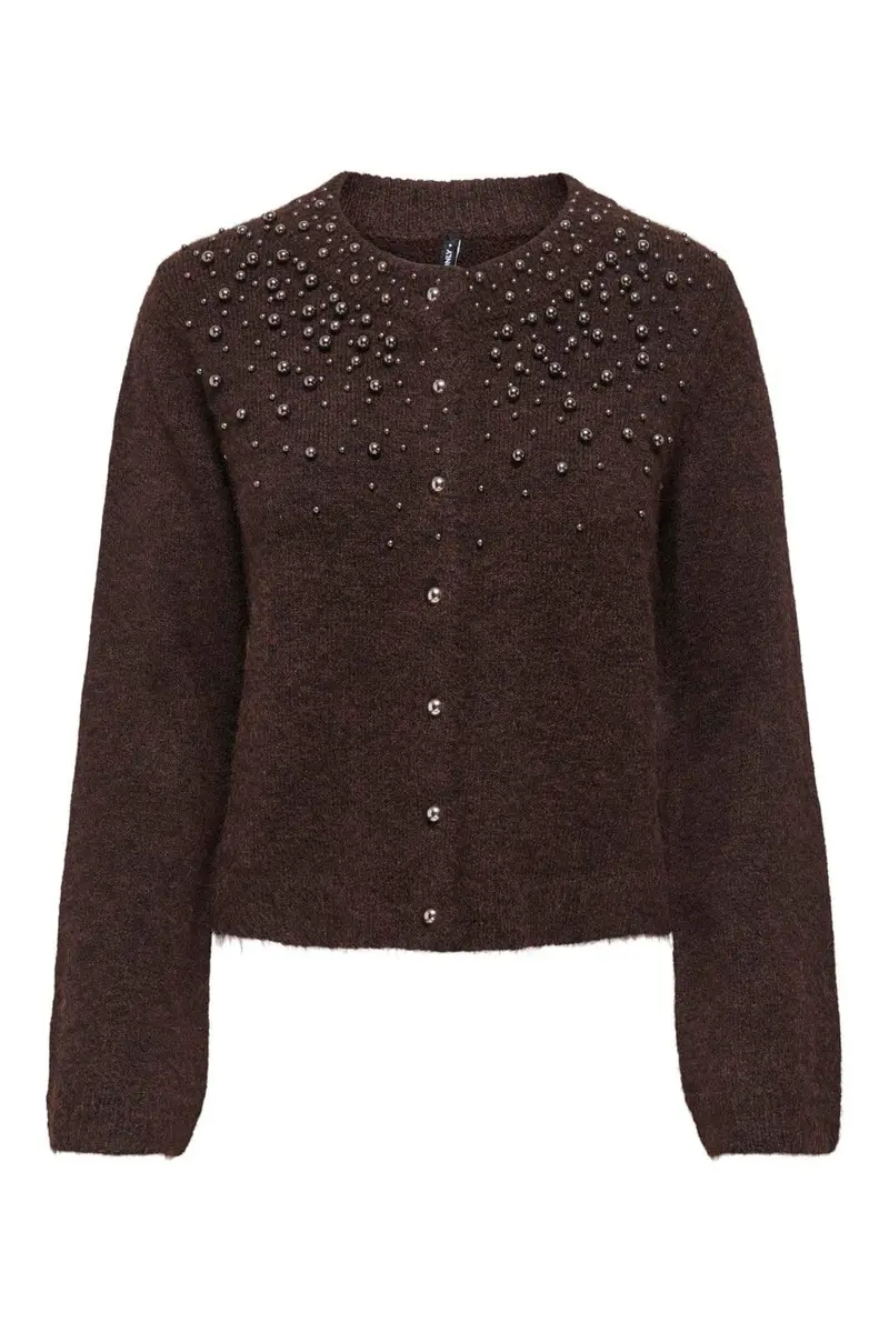 Only - Onlmiggie Ls O-Neck Pearl Cardi Knt - 5062031 Coffee Bean Melange/Silver Metal Pearl