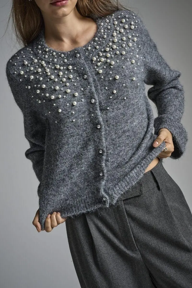 Only - Onlmiggie Ls O-Neck Pearl Cardi Knt - 5068425 Medium Grey Melange Fmop